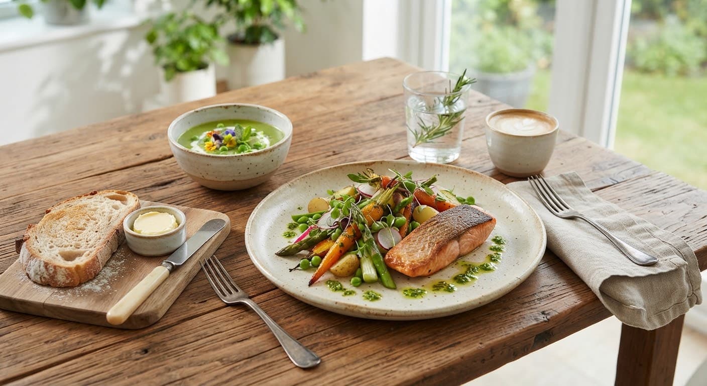 A farm-to-table meal plated on handmade ceramics atop a reclaimed timber table.