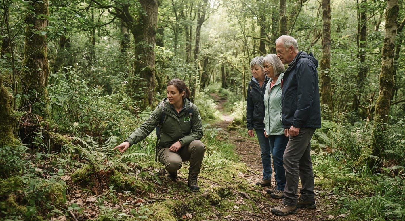 A guide pointing out native plants along a shaded forest trail.