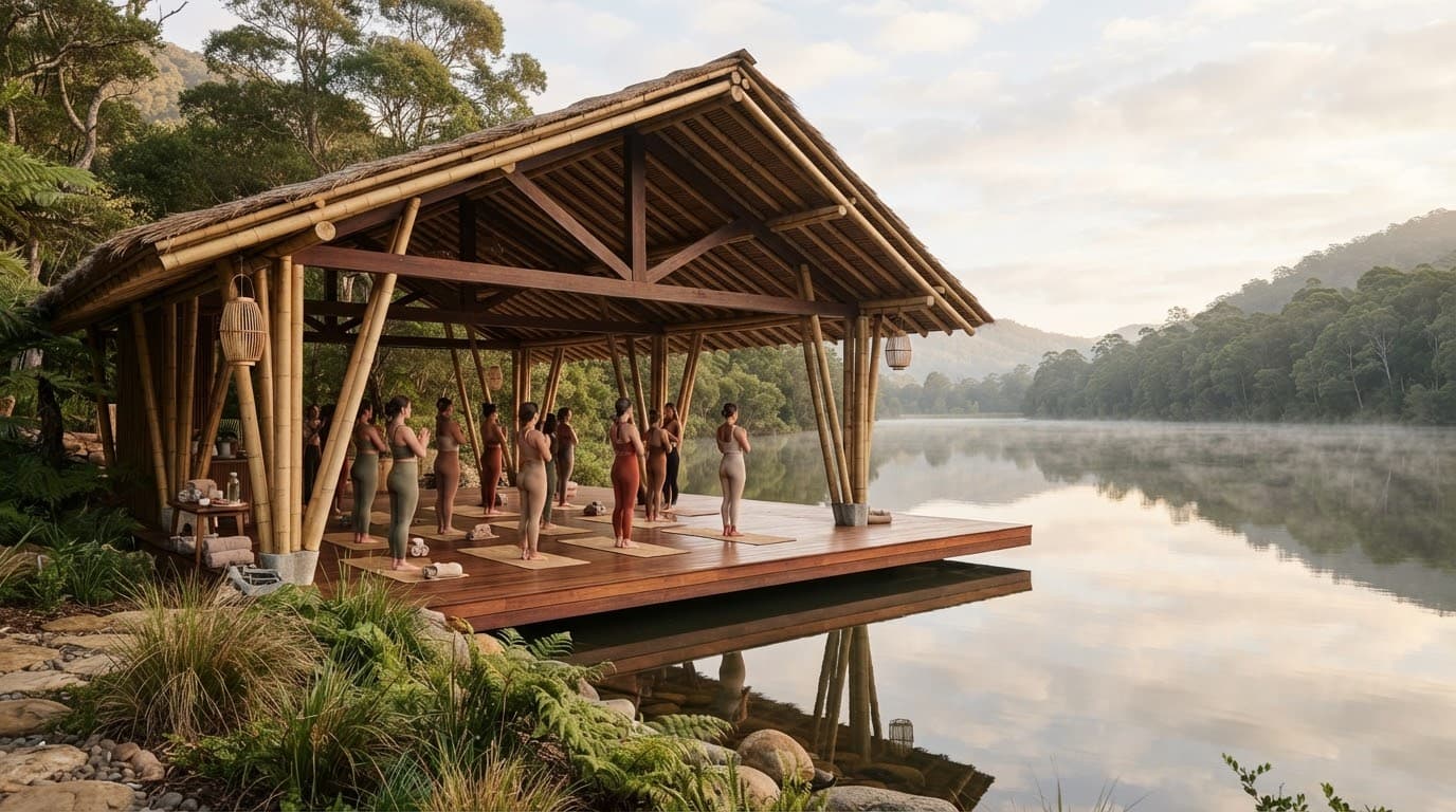 An open-air bamboo yoga pavilion overlooking a still lake in early morning light.