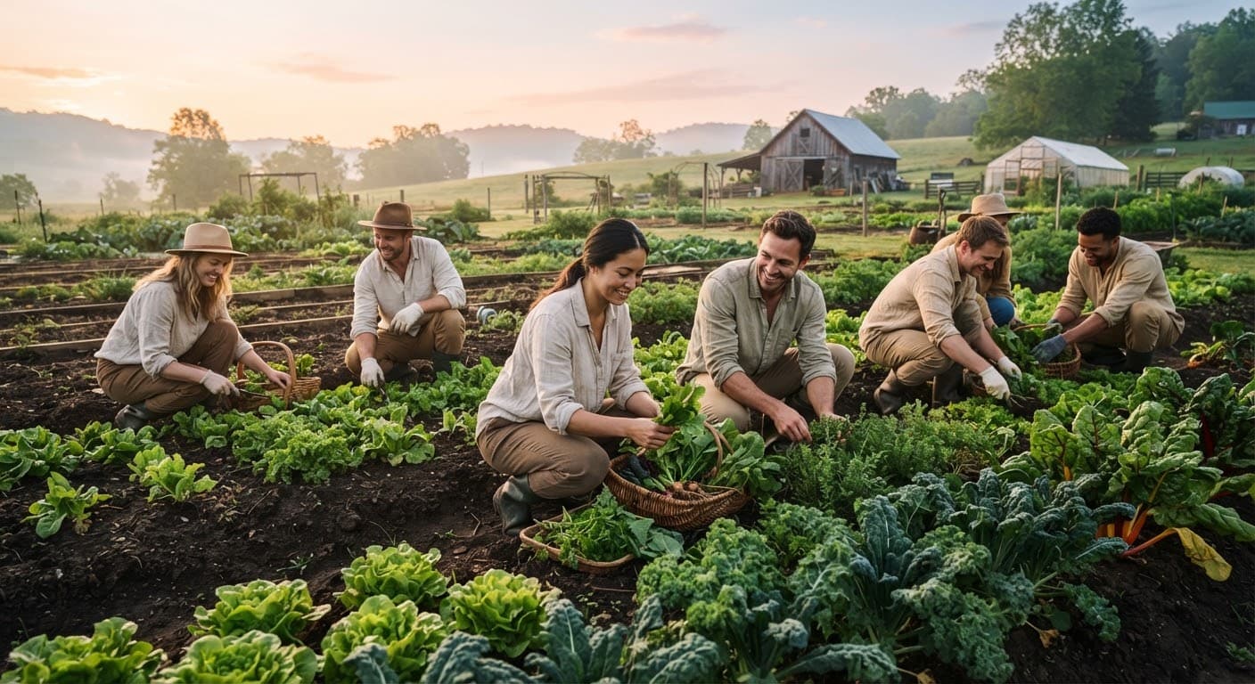Guests harvesting leafy greens from dark soil during a sunrise farming workshop.