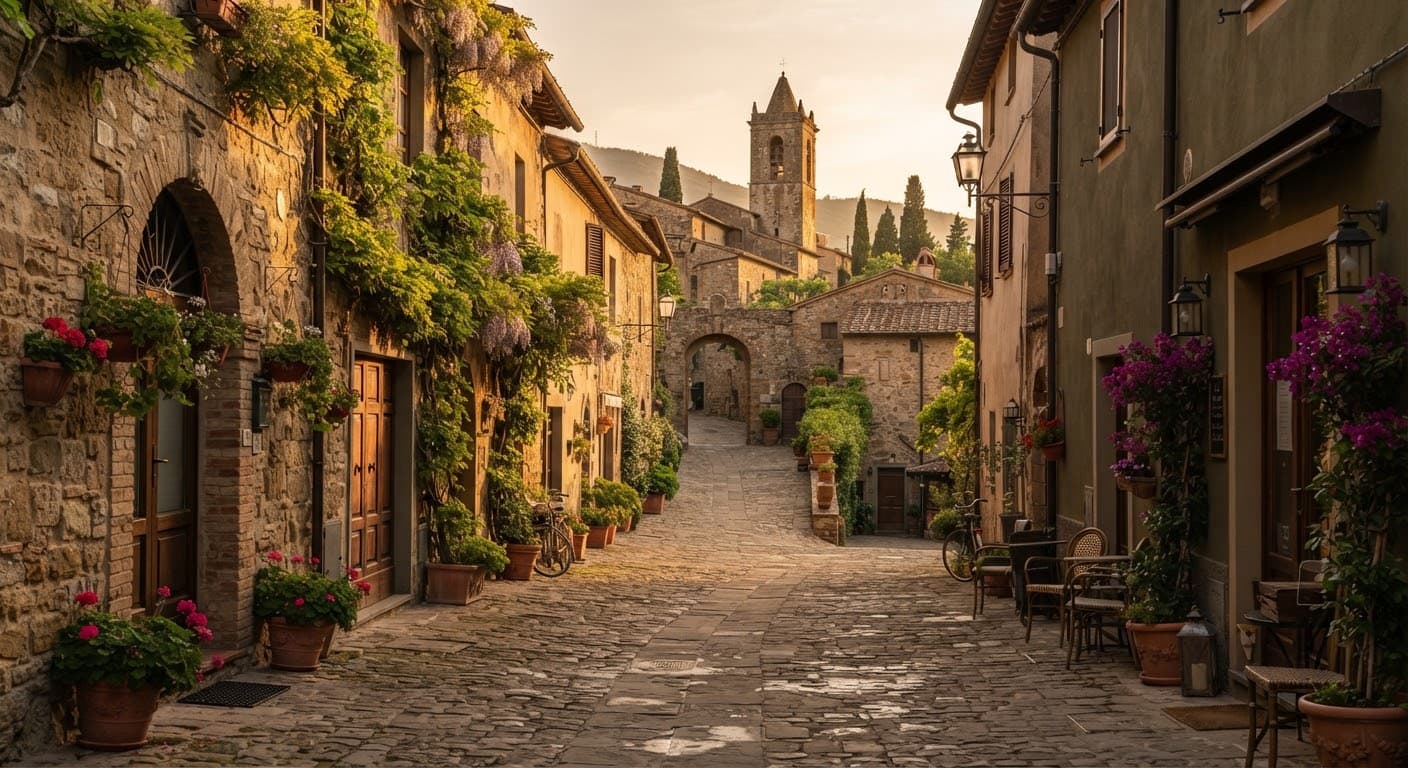 A quiet cobblestone village street in golden-hour light.