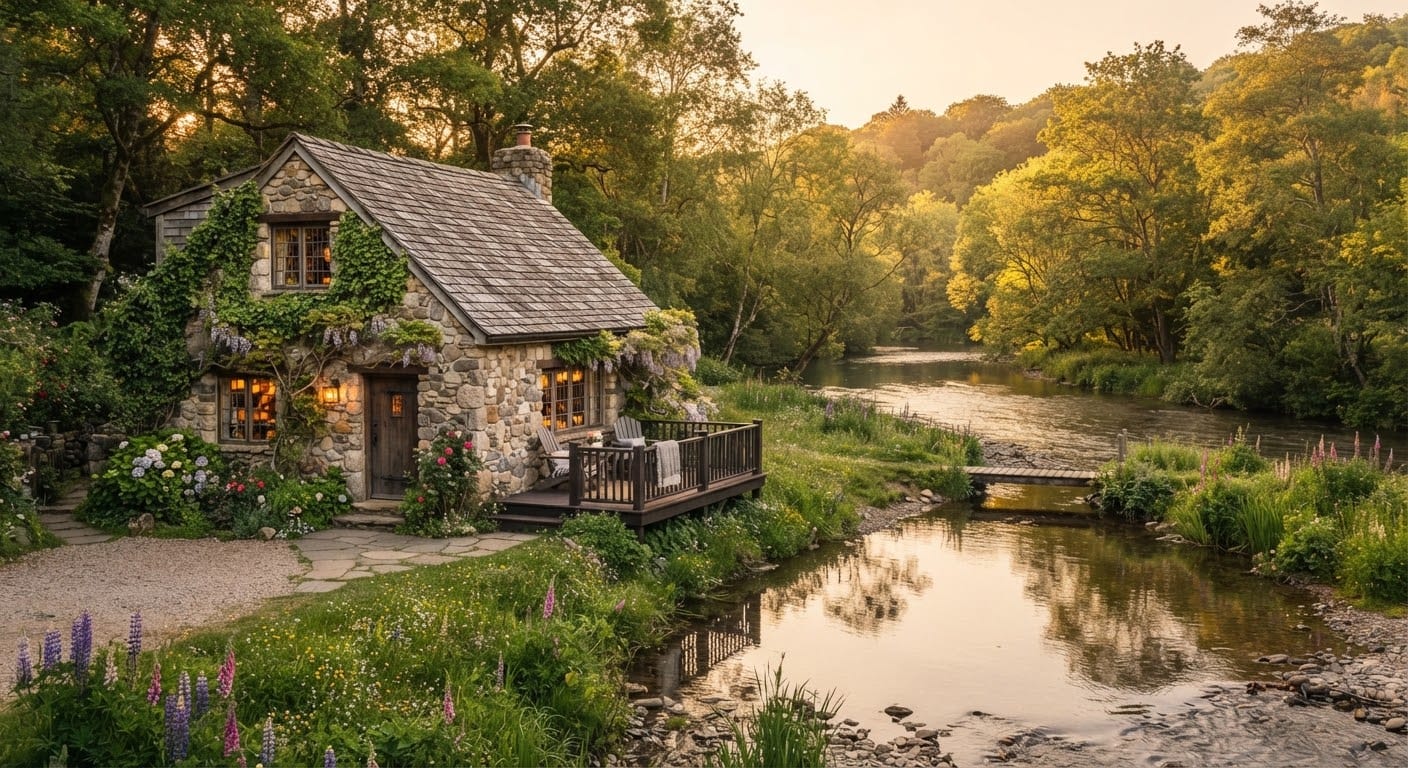 The Riverstone Cottage exterior, built from local stone beside the water.